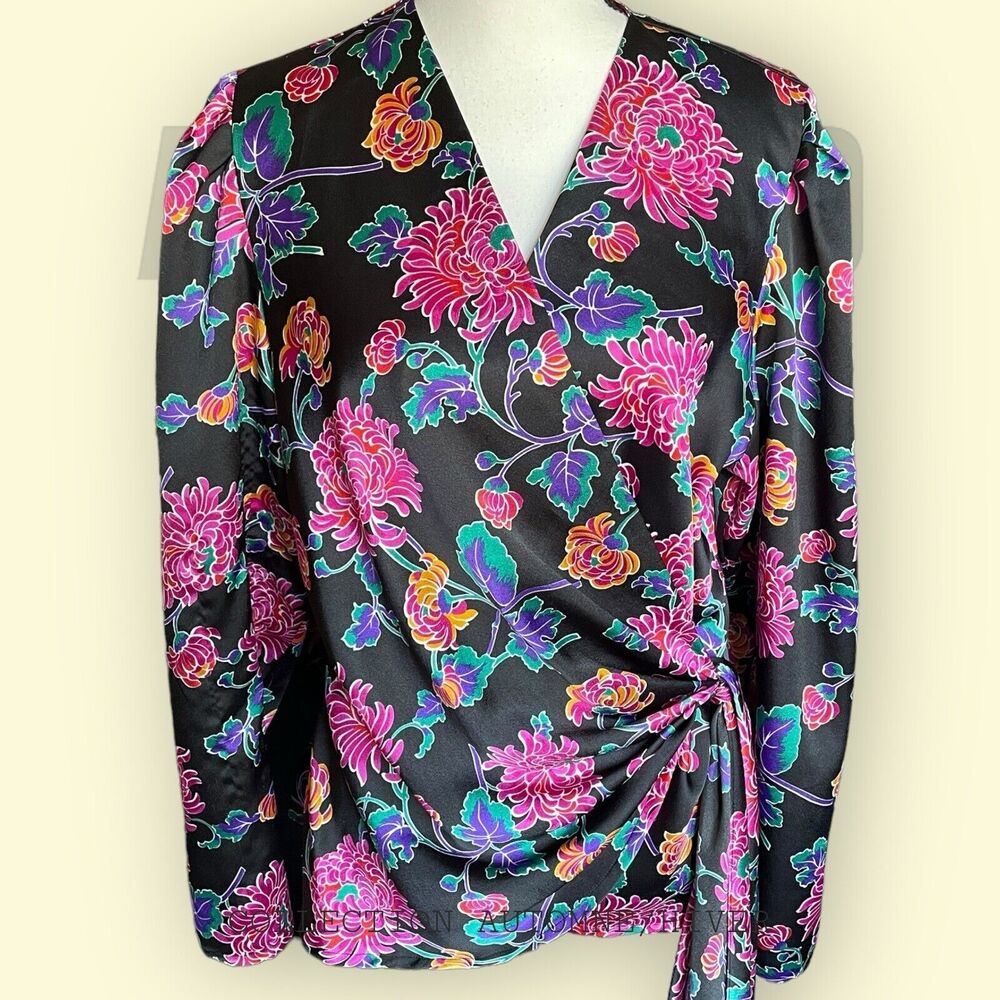 Counterparts Vtg Wrap Black & Bright Floral Print Blouse Top Long Sleeve 14 XL